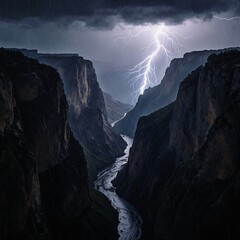 A dramatic lightning strike illuminates a rugged canyon, with a river carving through the rocky terrain below 