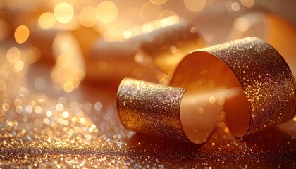 Elegant Golden Glitter Ribbon Curled Amidst Warm Bokeh Lights, Festive Holiday Background.