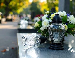 Cemetery memorial with candles and flowers