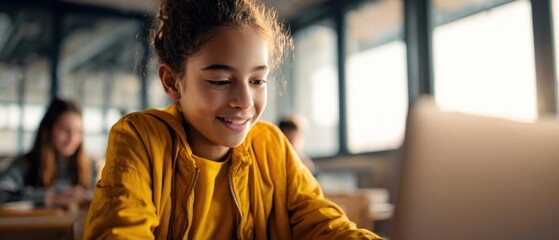The girl smiling while using a laptop in a bright classroom setting.