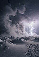 A dramatic lightning strike illuminates a stormy sky over a barren, snowy landscape, creating a striking contrast between the dark clouds and the bright flash