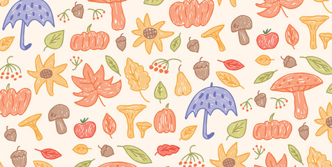 Seamless autumn background with pumpkins, mushrooms, leaves and umbrellas, drawn in colorful childish crayon style. Vector illustration for kids wrapping paper, cards, textile