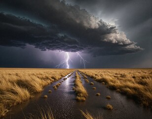 A dramatic thunderstorm looms over a lone road in a vast, grassy field, with lightning striking down and illuminating the dark clouds