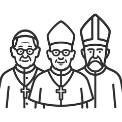 Black line icon of three bishops wearing mitres and crosses in religious attire
