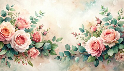 Ethereal Watercolor Roses and Verdant Leaves Framing a Luminous, Soft-Focus Background.