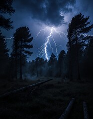A Dramatic Lightning Strike Illuminates the Dark Forest, Creating a Mesmerizing Contrast Between Light and Shadow