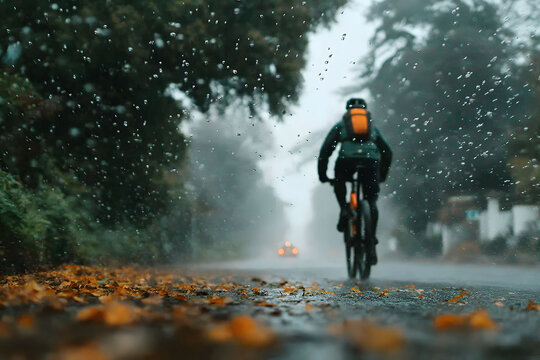 Cyclist Riding Through Rainy Autumn Street with Falling Leaves