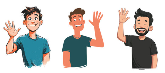 Three animated characters are waving their hands enthusiastically. Each character has a distinct hairstyle and expression, showcasing a friendly and welcoming vibe. The background is minimal.