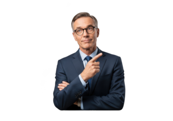 Professional businessman pointing idea concept isolated png image, man in suit thinking and presenting, business presentation graphics, isolated on transparent background