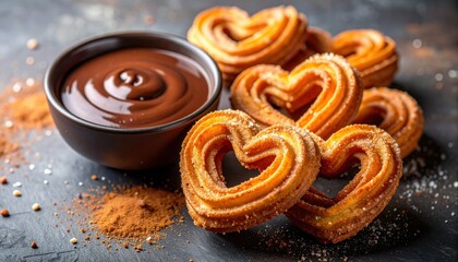 Heart-Shaped Churros with Rich Chocolate Dipping Sauce - Valentines Day Treat.