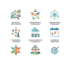 business data analysis organization management and technology icon set teamwork strategy planning marketing cloud technology data analysis employee icon set icons vector collection