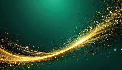 Luminous Golden Glitter Wave Elegantly Flows on Deep Emerald Green Background.
