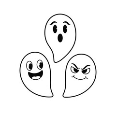 Three cartoon ghosts with different expressions for halloween decorations and crafts white background