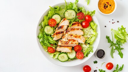 Grilled Chicken with Vegetables and Dipping Sauce Platter - Healthy Meal Display / Light Meal Catering Material / Gourmet Plating Design