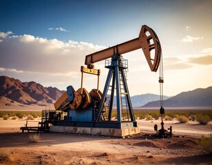 Oil pump jack in desert landscape at sunset