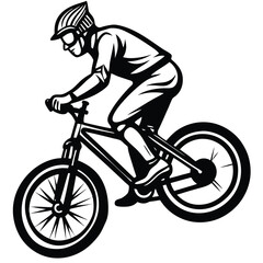 Monochrome illustration of a cyclist riding a mountain bike.