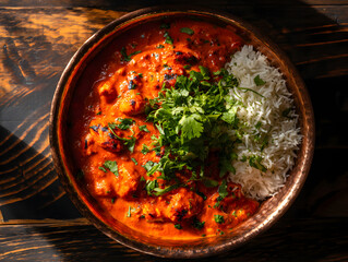 Delicious Chicken Tikka Masala with Basmati Rice and Cilantro in Copper Bowl on Wooden Table