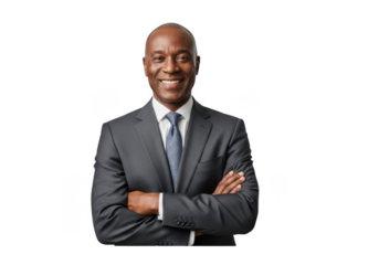 Professional african american businessman smiling portrait in gray suit, confident executive, corporate leader, business professional isolated on transparent background