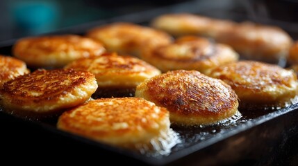 Close up of small golden brown pancakes cooking on a hot griddle showing crispy edges