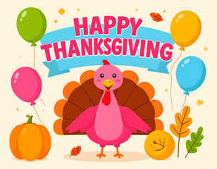 Festive Thanksgiving illustration featuring a cartoon turkey and balloons, perfect for holiday greetings. The image features vibrant colors and cheerful elements