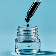 Dark liquid drips from dropper into clear glass jar