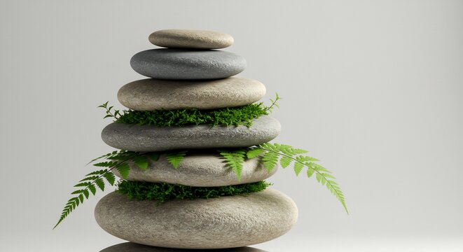 Pile pierres zen equilibree mousse verte lumiere douce. AI Generated