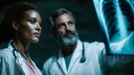 Two medical professionals examining a chest x ray together focusing on diagnosis and patient care