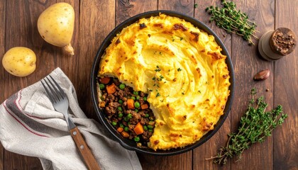 Rustic Shepherds Pie - Golden Crust, Hearty Filling, and Warm Wood Backdrop.
