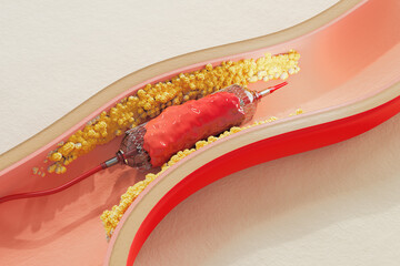 medical illustration of a stent being deployed in a narrowed artery, surrounded by cholesterol plaque.  procedure to restore proper blood flow and treat coronary artery disease. 3d render.