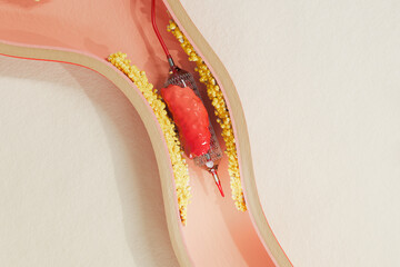 medical illustration of a stent being deployed in a narrowed artery, surrounded by cholesterol plaque.  procedure to restore proper blood flow and treat coronary artery disease. 3d render.