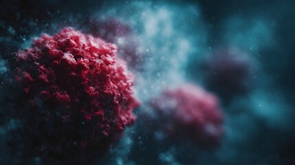 Detailed microscopic view of a vibrant textured red cell cluster against a dark luminous blue background with floating particles