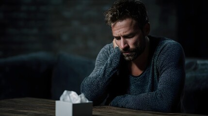 A man with a pensive expression rests his head on his hand with a tissue box on the table suggesting illness or emotional distress
