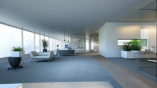 Bright and airy workspace offers stylish seating, ample greenery, and contemporary architecture for a productive atmosphere