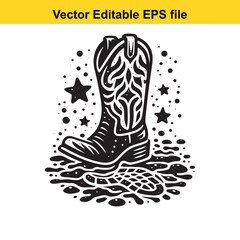 Black and white cowboy boot illustration with stars and splatters isolated on white background