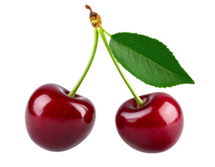  Pair of Cherries with Single Stem and Leaf, isolated on transparent background PNG