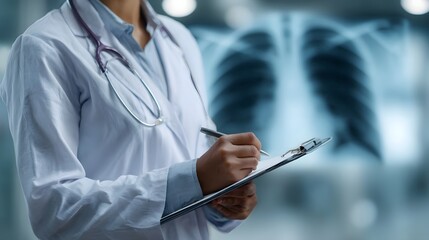 A doctor examines a patient s chest X ray and records notes on a clipboard in a clinical setting