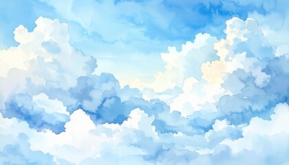 Serene Watercolor Sky - Fluffy Clouds and Azure Hues.