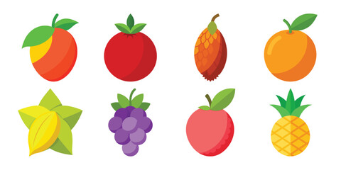 Colorful Cartoon Fruit Collection Featuring Mango Strawberry Starfruit Grapes Apple and Pineapple