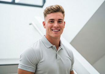Handsome man smiling portrait in polo shirt on white background professional headshot