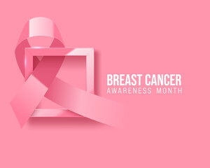 Breast cancer awareness text banner with rose ribbon bow in glossy pink square frame on pink background. Looks like vote mark. Modern octobre rose poster