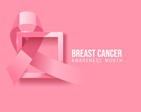 Breast cancer awareness text banner with rose ribbon bow in glossy pink square frame on pink background. Looks like vote mark. Modern octobre rose poster - Powered by Adobe