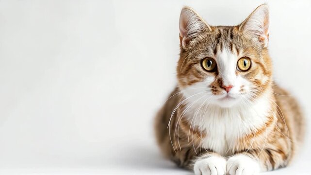 A close-up of a brown and white cat relaxing on a white surface