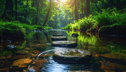 Obraz premium Sunlit Rainforest Stream - Tranquil Stepping Stones Path.