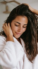 Fototapeta premium Woman in robe enjoying self-care at home