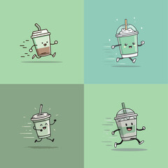 Four adorable animated drinks sprint joyfully across a light green background, showcasing their cheerful expressions and dynamic movement. Each beverage features distinct colors and designs.