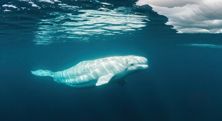 Naklejka premium Beluga whale swims under ice floe underwater shot