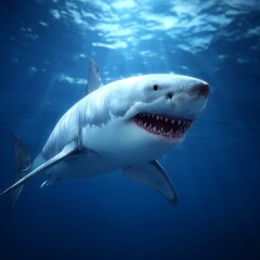 Naklejka premium A great white shark swimming in the ocean with sun rays shining through