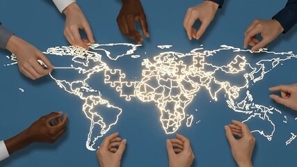 Diverse hands working together to connect a glowing digital world map, symbolizing global business strategy and teamwork - Powered by Adobe