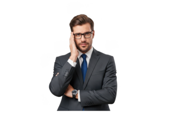 Worried businessman in suit touching head with glasses looking at camera stock photo, isolated on transparent background
