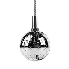 Polished chrome orb, laser-etched lattice, suspended by braided steel cable from industrial pipe, on transparent studio, conveying precision engineering and technical excellence.